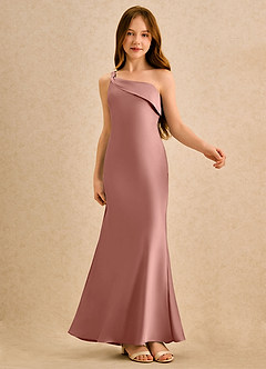 Azazie Almond Girls Formal Sukienki dla dziewczynek sypiących kwiaty Osłona Jedno ramię Satyna elastyczna Długość podłogi Sukienka image6