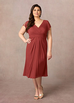 Azazie Vera Mother of the Bride Dresses Rust A-Line V-Neck Pleated Mesh Dress image6