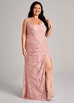 Azazie Mero 신부 들러리 드레스 쉬스 주름진 플로럴 번아웃 바닥 길이 드레스 image10