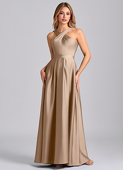 Azazie Dixie Bridesmaid Dresses Taupe A-Line Pleated Stretch Satin Dress image4