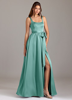 Azazie Elliott Bridesmaid Dresses Aqua A-Line with Pockets Stretch Satin Dress image1