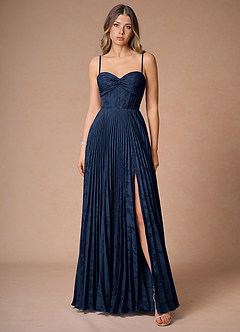 Akiko Navy Pleated Maxi Dress | Azazie