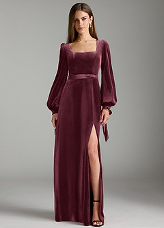 Azazie Leonia Bridesmaid Dresses Raspberry A-Line Long Sleeve Velvet Dress image1