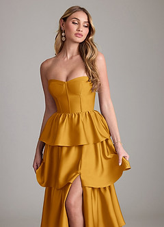 Azazie Faye Bridesmaid Dresses Butterscotch A-Line Ruched Stretch Satin Dress image5