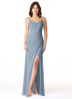 Azazie Deandra Vestidos de damas de honor Vestido de Azul Polvoriento de Malla de Corte Sirena con Plisado image1