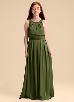 Azazie Bibiane Junior Olive A-Line Pleated Stretch Satin Dress image3