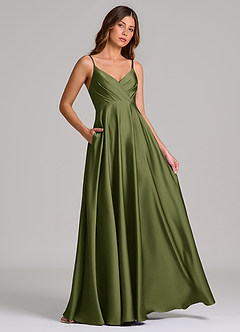 Azazie Amani Bridesmaid Dresses Olive A-Line Pleated Stretch Satin Dress image4