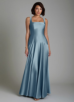 Azazie Reina At-home Try On Dresses Dusty Blue A-Line Pleated Stretch Satin Dress image1