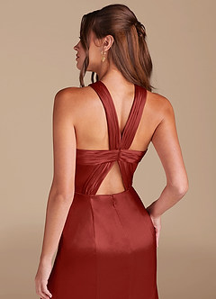 Azazie Rue Bridesmaid Dresses Rust Sheath Pleated Metallic Satin Dress image6