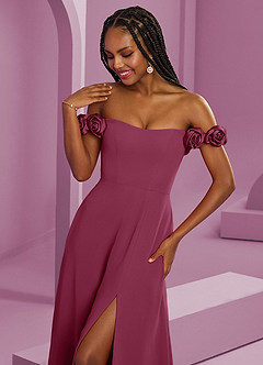 Barbie ♥ Azazie Suknie dla druhen Rozkloszowana szyfonowa sukienka z odkrytymi ramionami i kwiatowymi rozetkami image4