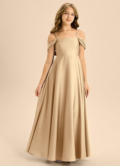 Azazie Rowena Junior Champagne A-Line Bow Stretch Satin Dress image3