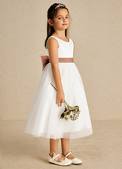 Azazie Kavi Flower Girl Dresses Ivory Bronzer A-Line Bow Matte Satin Dress image4