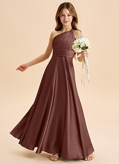 Azazie Charlize Junior Abito A-Line in Raso Elasticizzato Plissettato Espresso image4