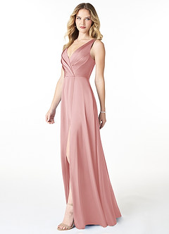 Azazie Nelly Vestidos de damas de honor Vestido Rosa Empolvado de Satén Elástico de Línea A con Cuello en V Plisado image3