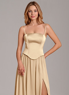 Azazie Cadence Bridesmaid Dresses Champagne A-Line Corset Stretch Satin Convertible Dress image2
