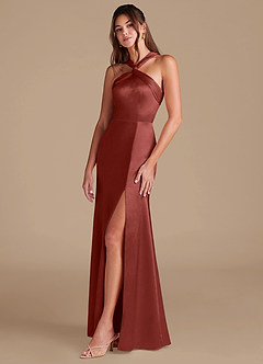Azazie Rue Bridesmaid Dresses Terracotta Sheath Pleated Metallic Satin Dress image5