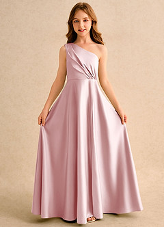 Azazie Puddles Girls Formal Robe Demoiselle D'honneur Fillette Robe Trapèze en Mat Satiné Une épaule Rose Poudré image5