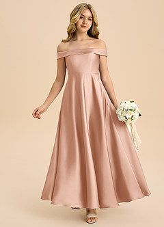 Azazie Sissy Junior Abito A-Line in Raso Elasticizzato a Spalla Scoperta Oro Rosa image1