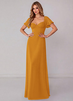 Azazie Fatima Bridesmaid Dresses Butterscotch A-Line with Pockets Chiffon Dress image2