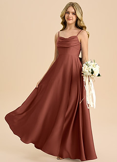 Azazie Bear Junior A라인 스윗하트 네크라인 스트레치 새틴 플로어 길이 주니어 신부 들러리 드레스 image5