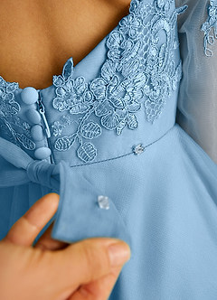 Azazie Precious Flower Girl Dresses Steel Blue A-Line Lace Tulle Dress image6