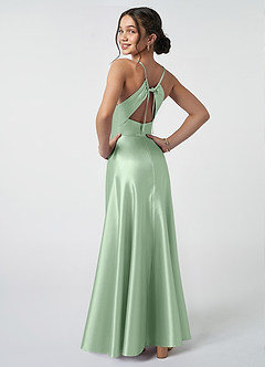 Azazie Avelina Junior Matcha A-Line Pleated Metallic Satin Dress image2