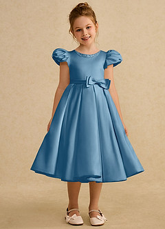 Azazie Pearl Flower Girl Dresses Steel Blue Ball-Gown Pleated Matte Satin Dress image5