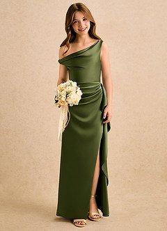 Azazie Avalia Girls Formal Robe Demoiselle D'honneur Fillette Robe Fourreau en Satin extensible Épaule décolletée Olive image5