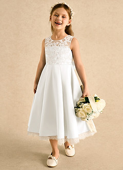Azazie Amari Flower Girl Dresses Ivory A-Line Lace Matte Satin Dress image4