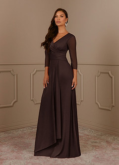 Azazie Annetta vestidos de madre de la novia Vestido de Ganache de Malla de Corte en A con Cuello en V Manga Larga image2