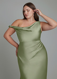 Azazie Emerson Bridesmaid Dresses Pistachio Mermaid Off the Shoulder Stretch Satin Dress image12