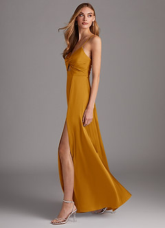 Azazie Jenna Bridesmaid Dresses Butterscotch A-Line Pleated Stretch Satin Dress image3