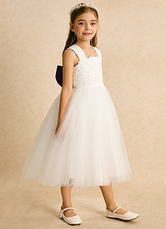 Azazie Dimple Robe Demoiselle D'honneur Fillette Robe Princesse en Tulle Dentelle Ivoire Prune image3