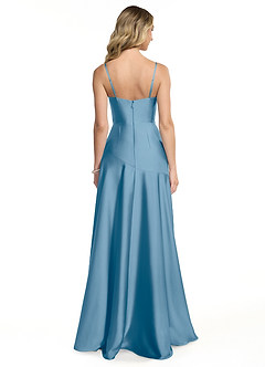 Azazie Kayla Bridesmaid Dresses Steel Blue Sheath Side Slit Stretch Satin Dress image2