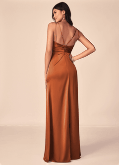 Azazie Aqua Bridesmaid Dresses Cinnamon A-Line V-Neck Pleated Stretch Satin Dress image3