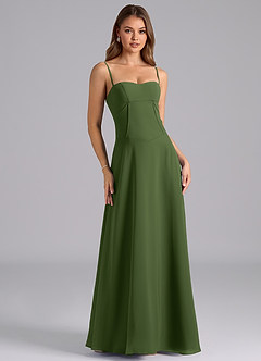 Azazie Valentine Vestidos de damas de honor Vestido de Oliva de Gasa de Corte en A con Corsé image1