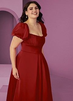 Barbie ♥ Azazie Bridesmaid Dresses Pomegranate A-Line Ruched Stretch Satin Dress image10