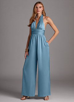Azazie Oli Jurken voor bruidsmeisjes Jumpsuit van Stretch Satijn Geplooid Staal Blauw image4