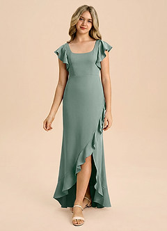 Azazie Demi Junior Silver Sage Mermaid Bow Stretch Satin Dress image5