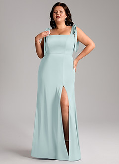 Azazie Frostine Bridesmaid Dresses Mist A-Line Bow Stretch Satin Dress image9