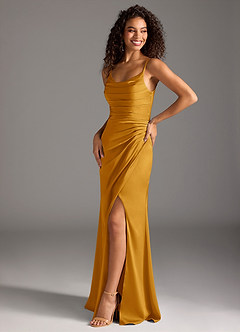 Azazie Deandra Bridesmaid Dresses Butterscotch Mermaid Pleated Stretch Satin Dress image1