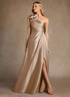 Azazie Easton Mother of the Bride Dresses Taupe A-Line One Shoulder Stretch Satin Dress image4