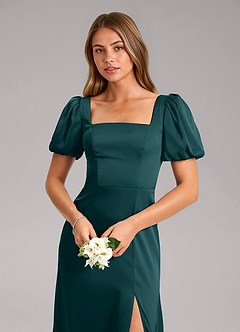 Azazie Fyona Bridesmaid Dresses Pine A-Line Pleated Stretch Satin Dress image6