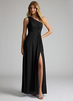 Azazie Brooke Vestidos de madrinha de casamento Vestir Preto de Malha de Linha A com Um ombro image3