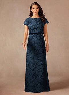 Azazie Lehi Mother of the Bride Dresses Dark Navy A-Line Boatneck Floral Burnout Dress image4