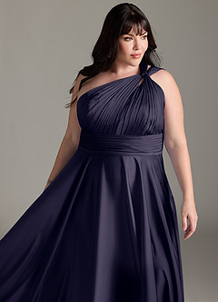Azazie Charlize Robes de demoiselle d'honneur Robe Trapèze en Satin extensible Ue épaule Bleu Orageux image15