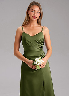 Azazie Azuree Bridesmaid Dresses Olive A-Line Pleated Stretch Satin Dress image14