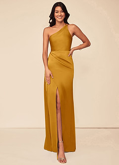 Azazie Maron Bridesmaid Dresses Butterscotch A-Line One Shoulder Stretch Satin Dress image1