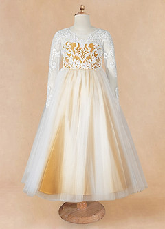 Azazie Elodie Robe Demoiselle D'honneur Fillette Robe Princesse en Dentelle Ivoire Caramel Au Beurre image10