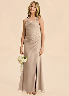 Azazie Destiny Junior Taupe Sheath Ruched Chiffon Dress image1